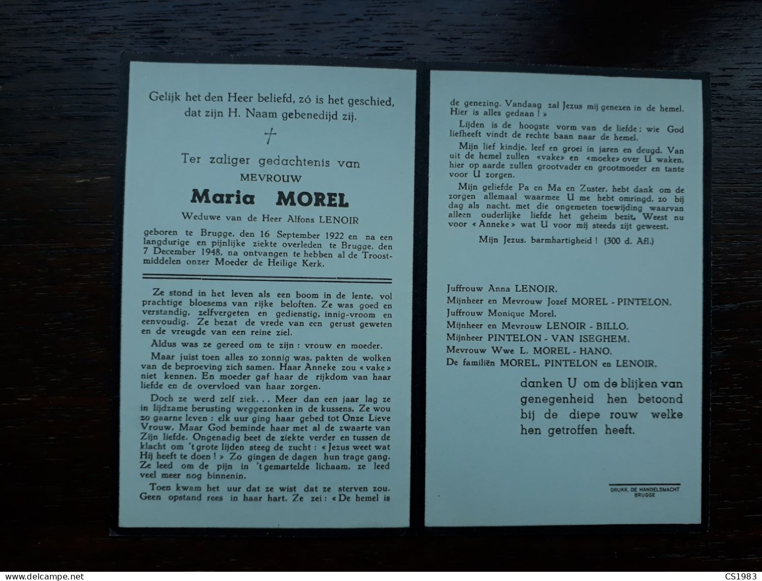 Maria Morel ° Brugge 1922 + Brugge 1948 X Alfons Lenoir (Fam: Pintelon - Billo - Van Iseghem - Hano) - Todesanzeige