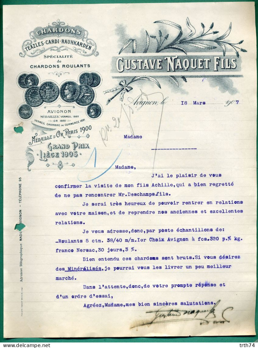 84 Avignon Naquet Gustave Chardons Teazles Cardi Rauhkarden ( Logo Médailles Or Vermeille Prix Liège 1905 ) 18 03 1907 - Straßenhandel Und Kleingewerbe