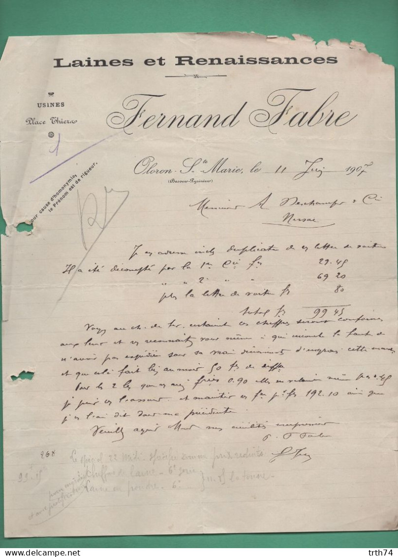 64 Oloron Sainte Marie Fabre Fernand Laines Et Renaissances Usines Place Thiers 11 Juin 1907 - Vestiario & Tessile