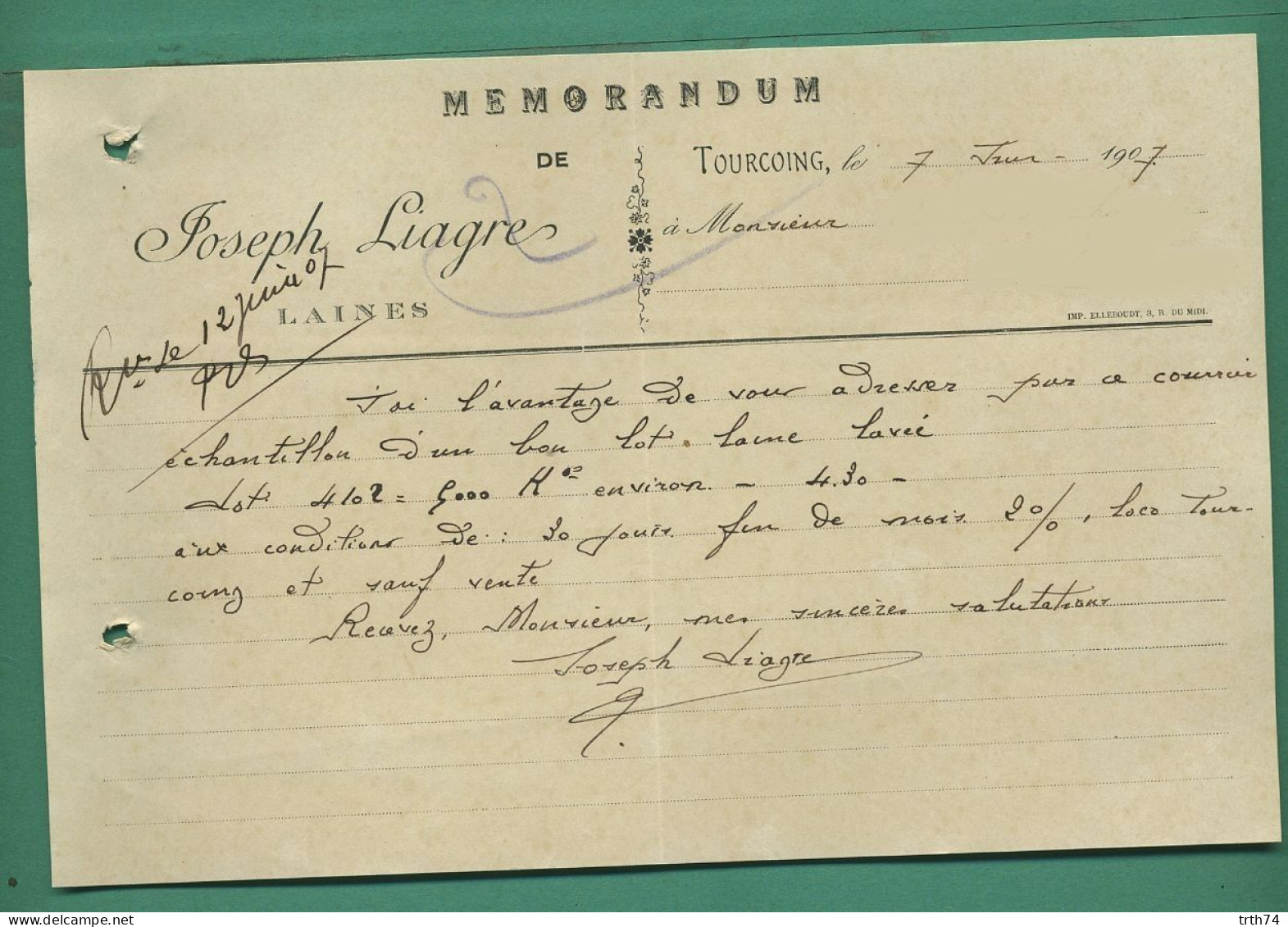 59 Tourcoing Liagre Joseph Laines 7 Juin 1907 - Druck & Papierwaren