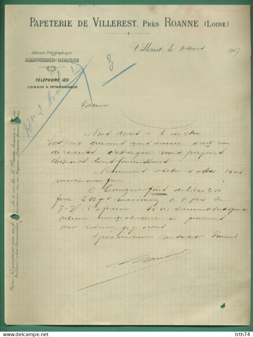 42 Roanne Papeterie De Villerest 30 Mars 1907 - Druck & Papierwaren