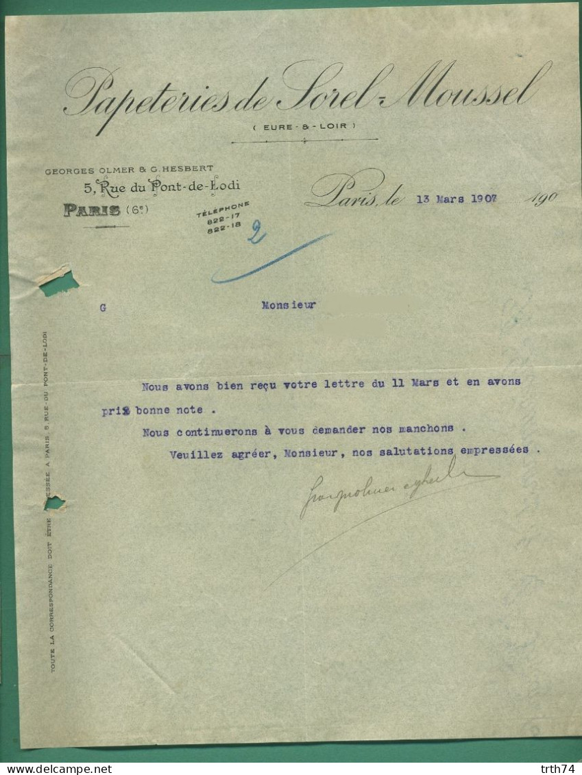 28 Sorel Moussel 75 Paris Papeteries De Sorel Moussel 13 Mars 1907 - Stamperia & Cartoleria