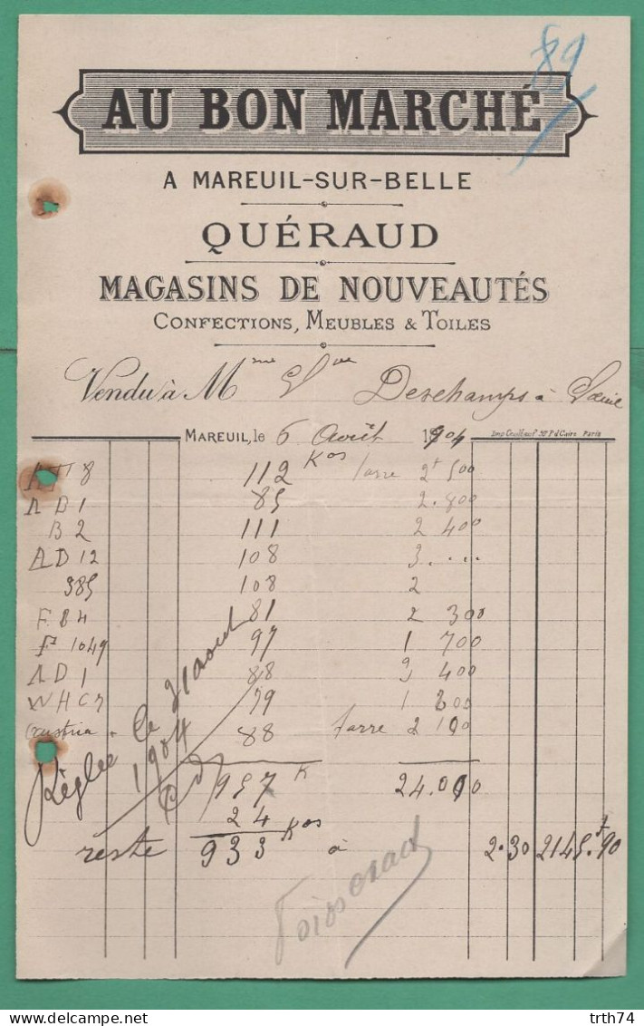 24 Mareuil Sur Belle Quéraud Au Bon Marché Confections Meubles Toiles 06 08 1904 - Kleding & Textiel