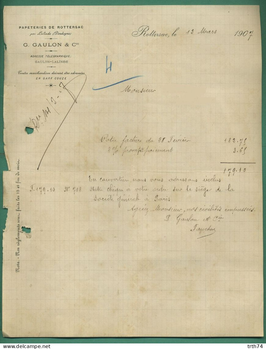 24 Gaulon Lalinde Papeterie De Rottersac 13 Mars 1907 - Druck & Papierwaren