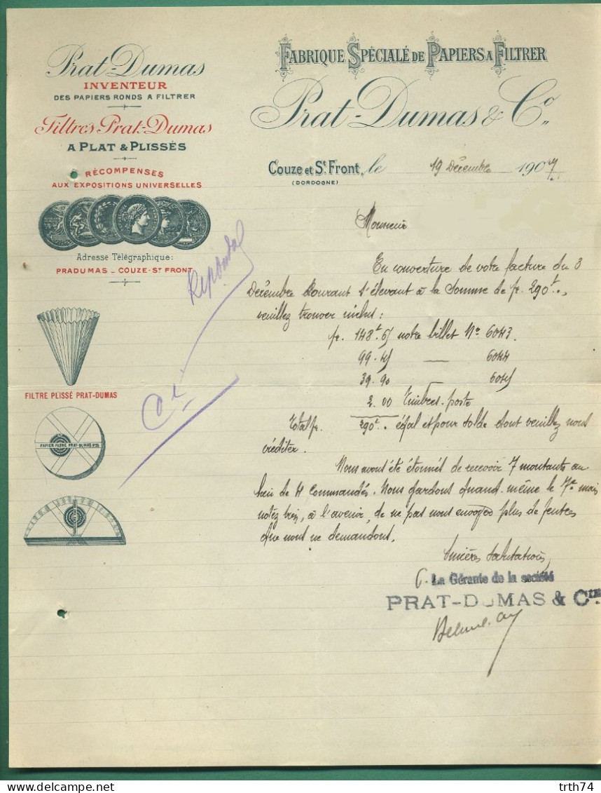 24 Couze Saint Front Prat Dumas Inventeur Fabrique De Papiers à Filtrer ( Logo Médailles Et Filtre ) 19 12 1907 - Drukkerij & Papieren