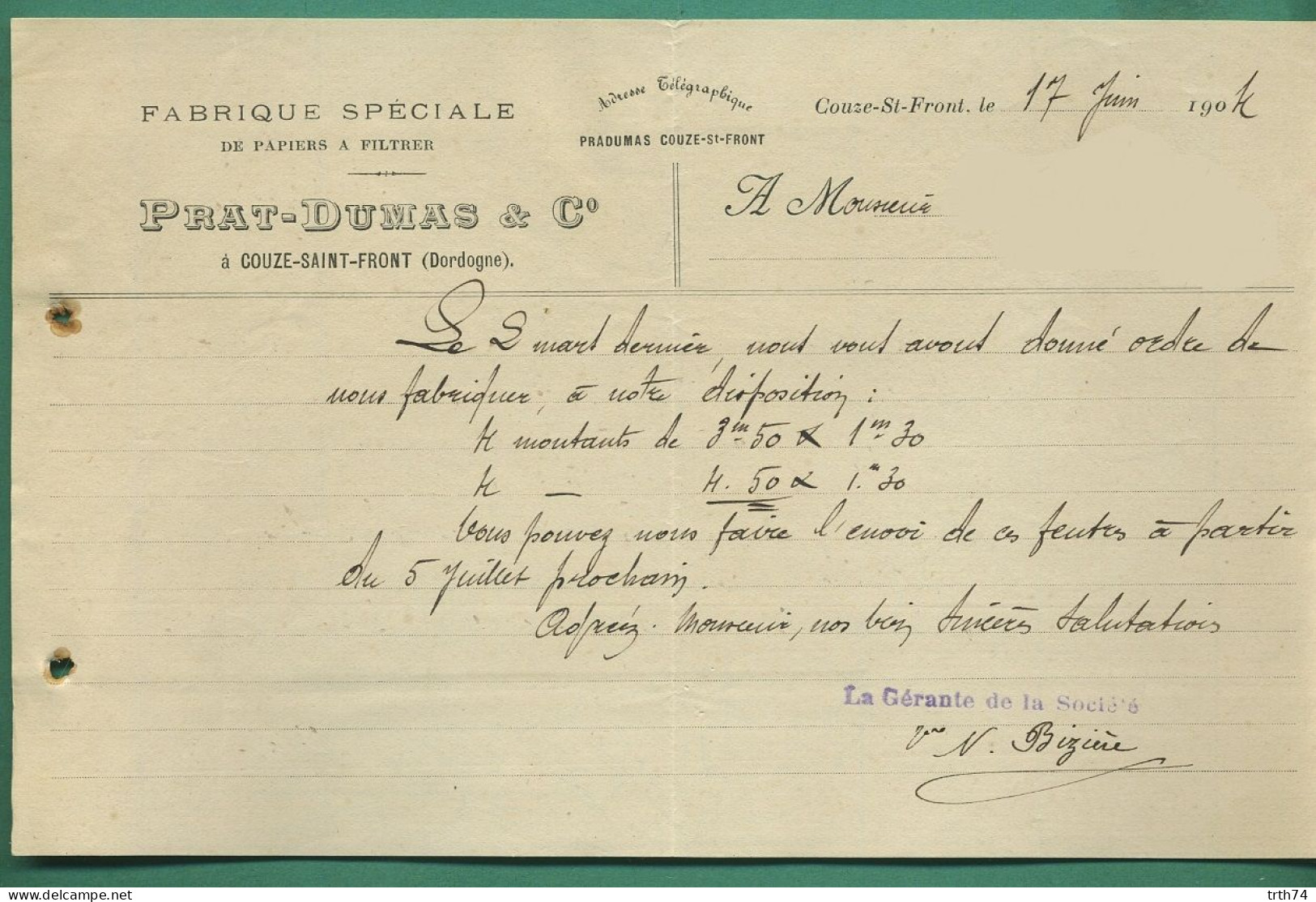 24 Couze Saint Front Prat Dumas Fabrique Spéciale De Papiers à Filtrer 17 Juin 1904 - Imprenta & Papelería