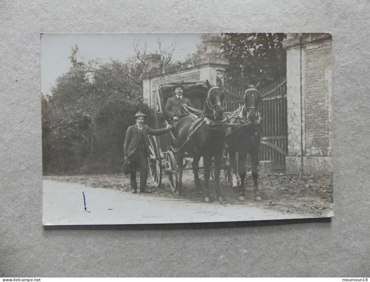 Carte Photo Calèche 2 Chevaux Et 2 Hommes Devant Portail Propriété - Autres & Non Classés