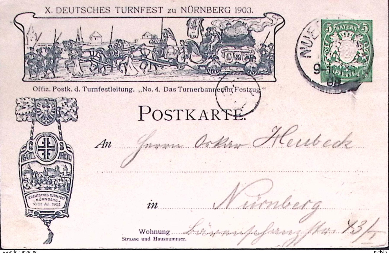 1903-Baviera X^ Torneo Ginnico Norimberga Cartolina Postale P.5 Viaggiata - Sonstige & Ohne Zuordnung