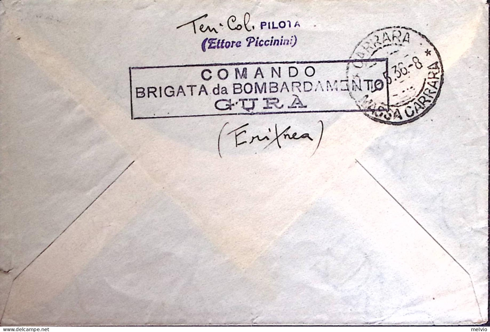 1935-COMANDO BRIGATA Da BOMBARDAMENTO GURA In Cartella Al Verso Di Busta Via Aer - Erythrée