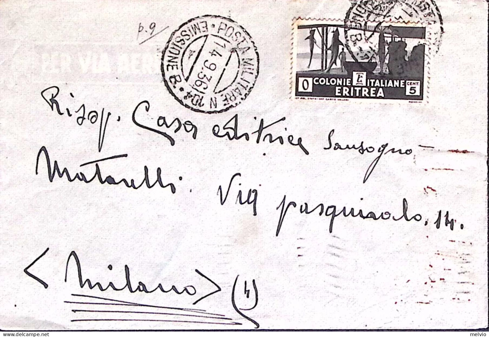 1936-Posta Militare 104/EMISSIONE B C.2 (14.9) Su Busta Affrancata Eritrea C.5 N - Eritrea