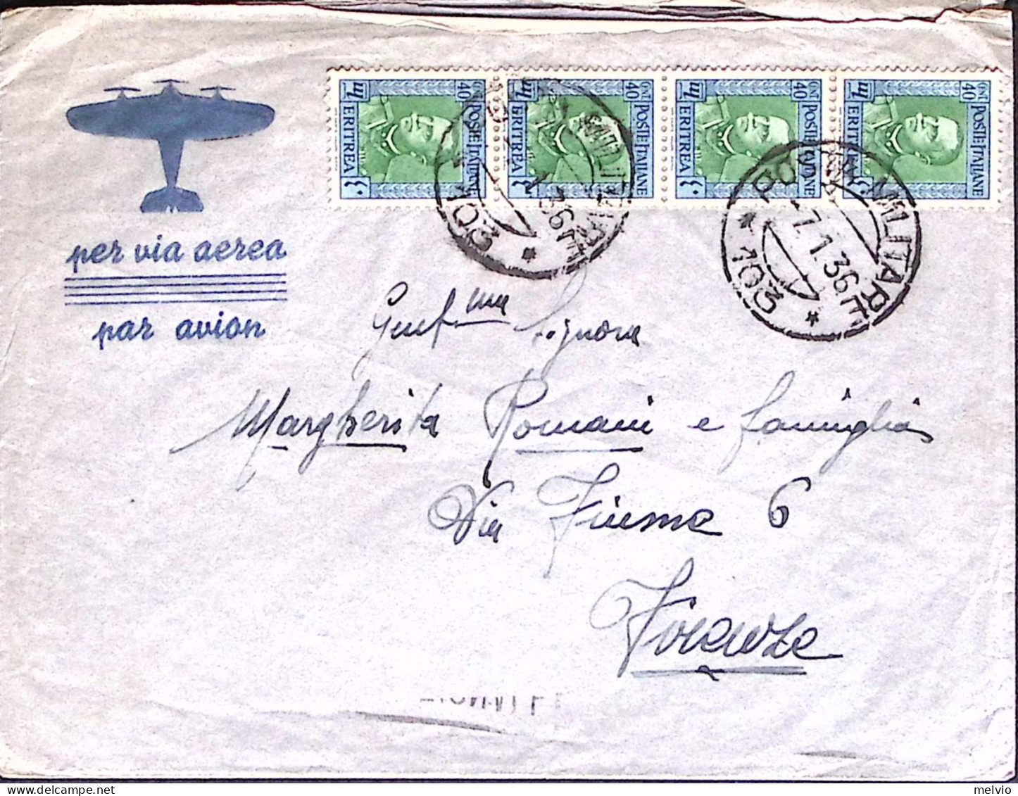 1936-Posta Militare/103 C.2 (7.10) Su Busta Via Aerea Affrancata Eritrea Strisci - Erythrée