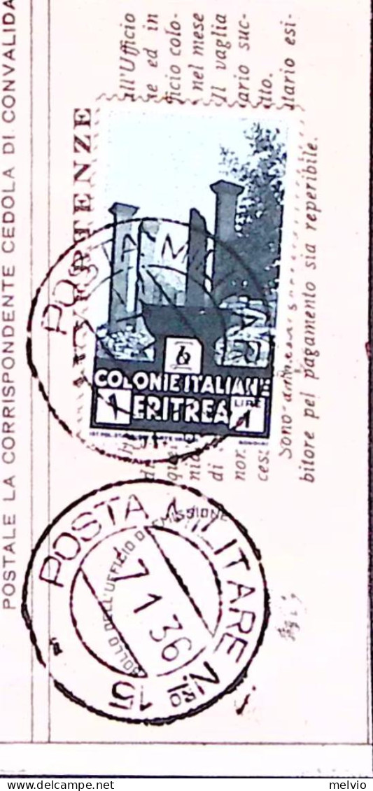 1936-Posta Militare N.ro 15 C.2 (7-1) Su Polizzino Vaglia Affrancato Eritrea Lir - Erythrée