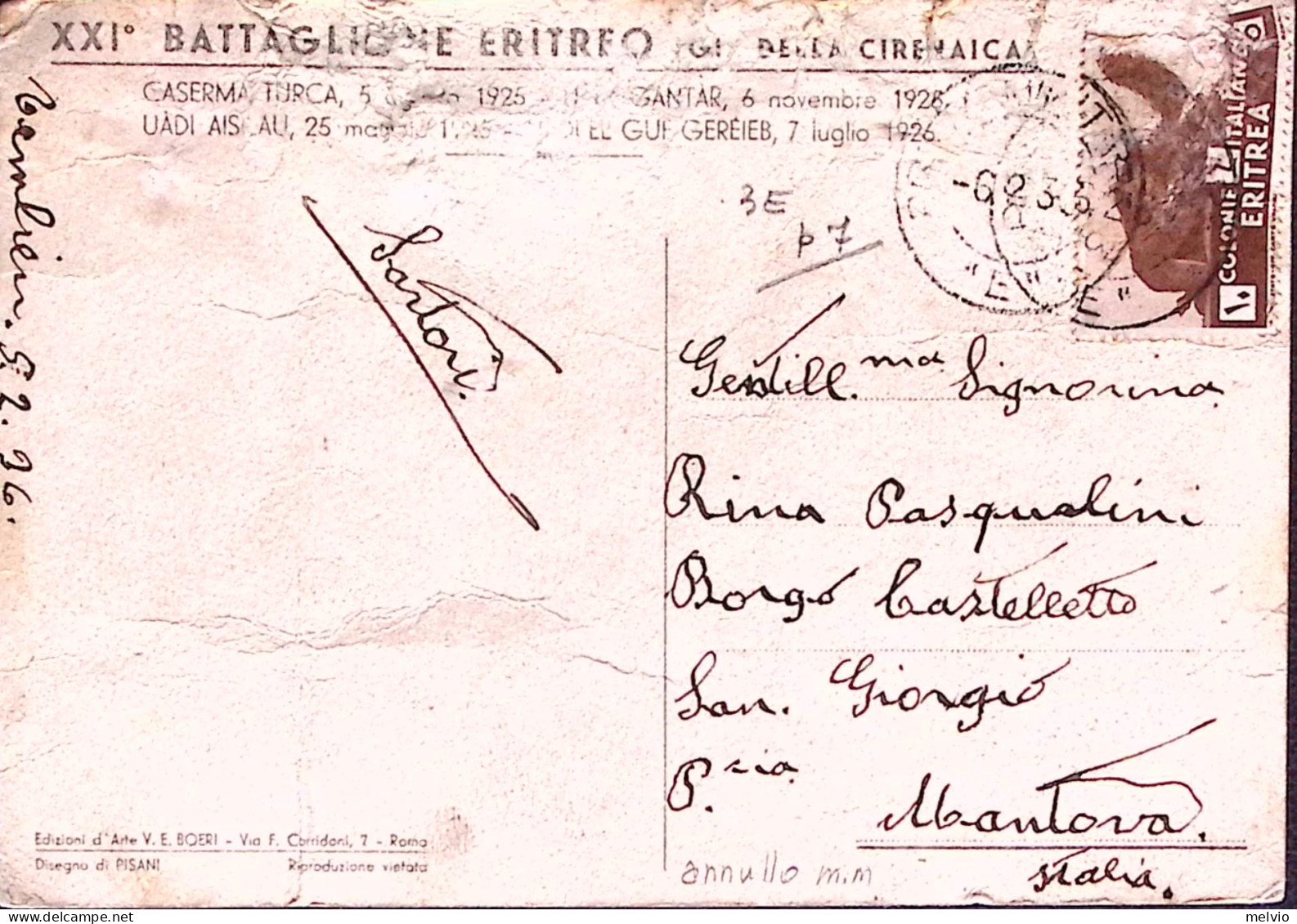 1936-XXI BATTAGLIONE ERITREO Cartolina Viaggiata Posta Militare 3/"E" C.2 (8.2)  - Eritrea