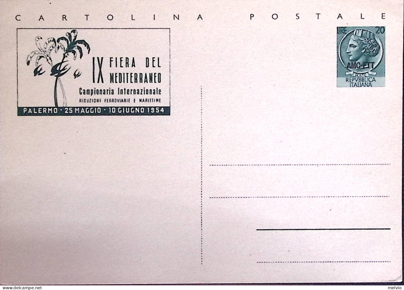 1954-AMG-FTT Cartolina Postale Palermo 10 Fiera Mediterraneo Lire 20 Nuova - Poststempel