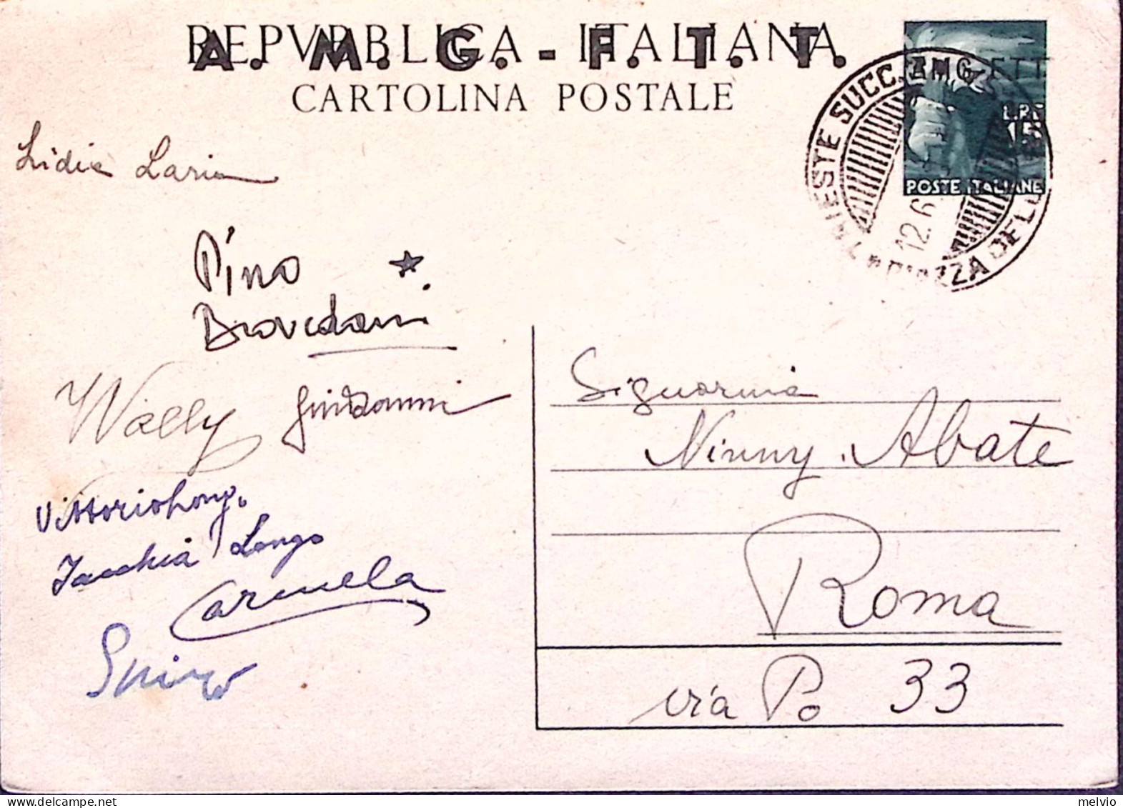 1949-AMG-FTT Cartolina Postale Democratica Lire 15 Viaggiata - Poststempel