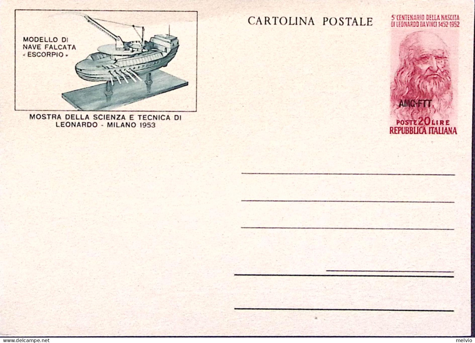 1953-AMG-FTT Cartolina Postale Leonardo Nave Falcata Lire 20 Nuova - Marcofilía
