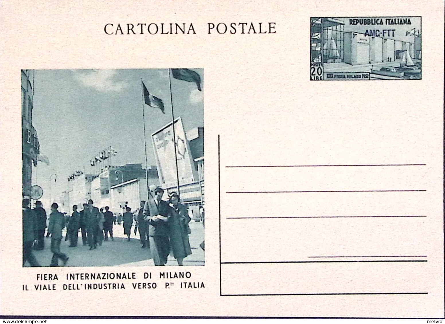 1952-AMG-FTT Cartolina Postale Fiera Milano Lire 20 Nuova - Poststempel