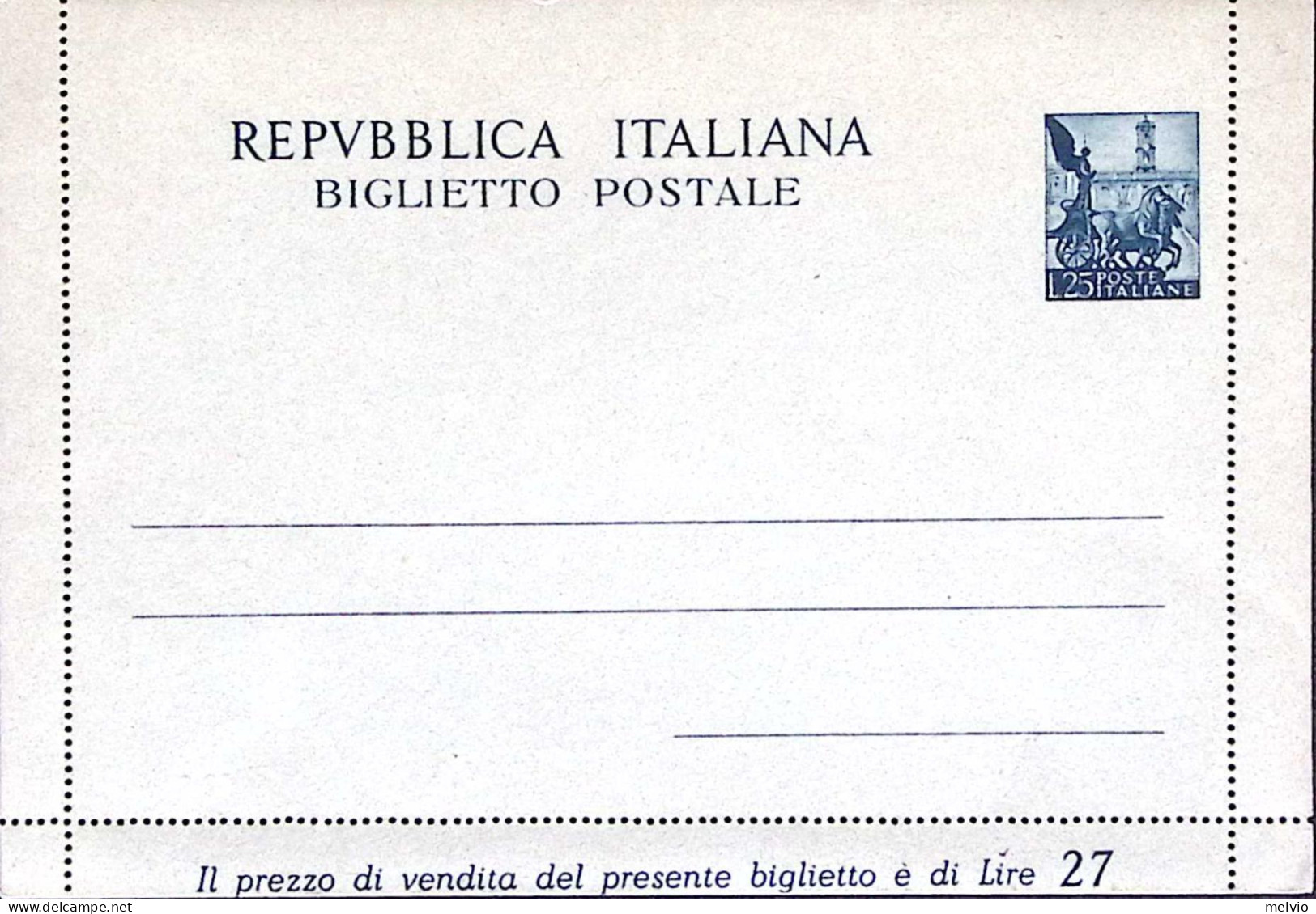 1951-Biglietto Postale Quadriga Lire 25 Nuovo - Interi Postali