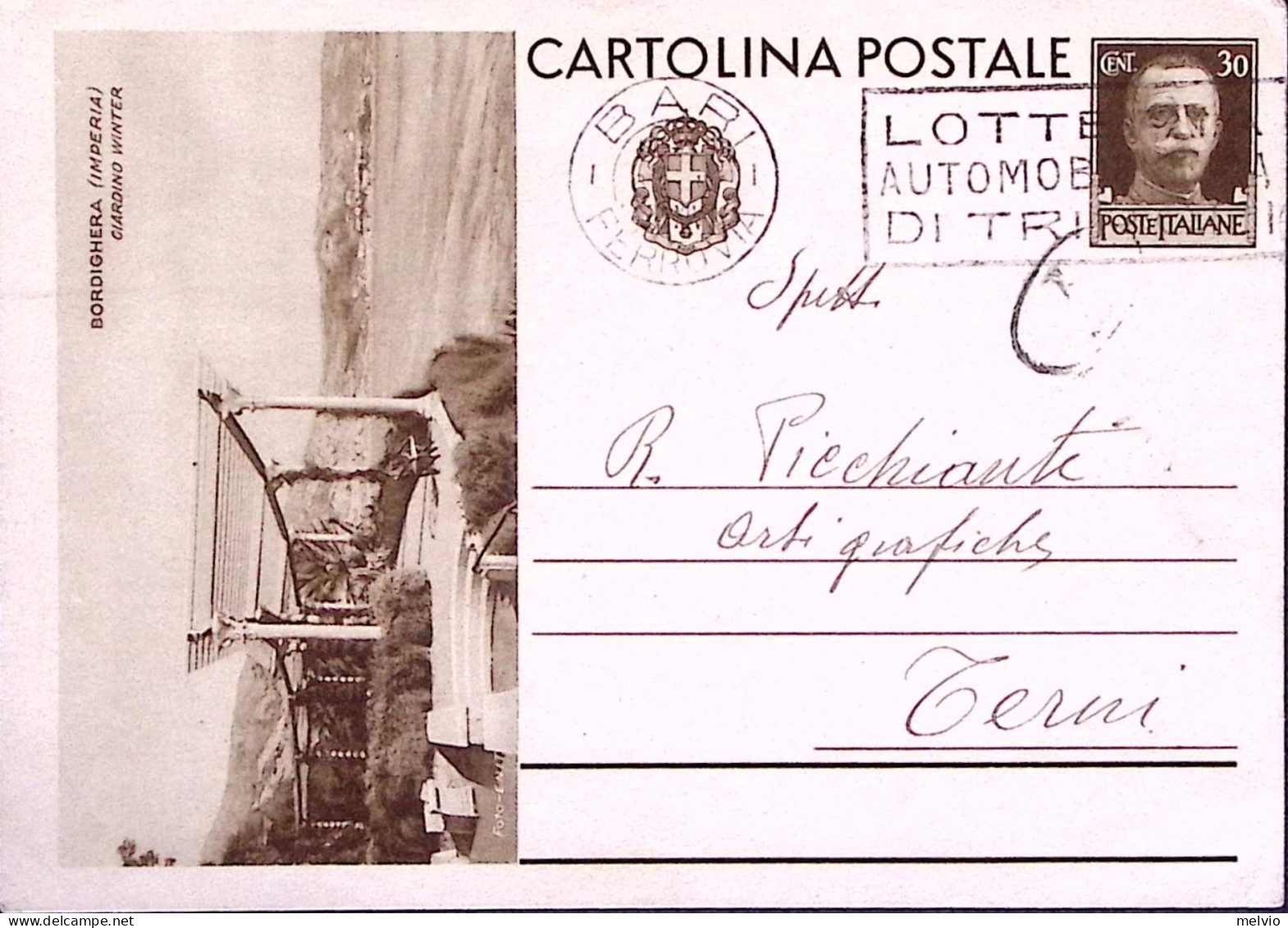 1933-Cartolina Postale Turistica C.30 Bordighera Viaggiata - Ganzsachen
