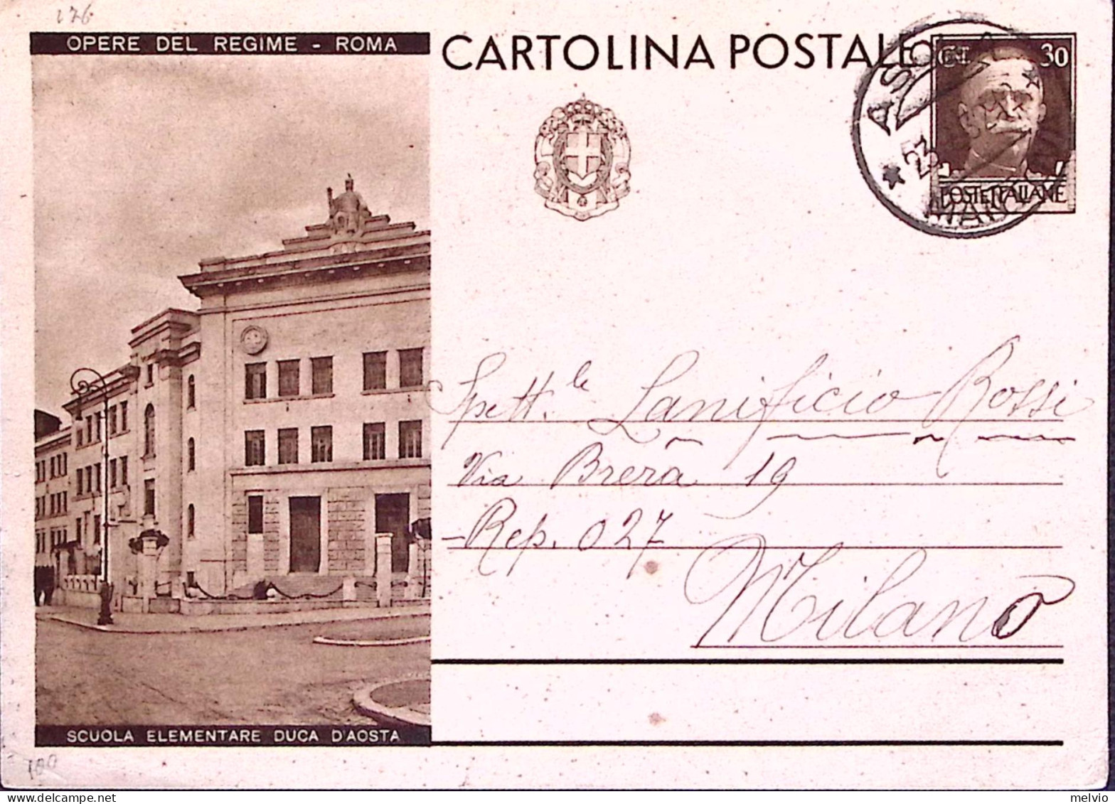 1931-Cartolina Postale Opere Regime C. 30 Scuola Elementare Duca D'Aosta Viaggia - Entiers Postaux