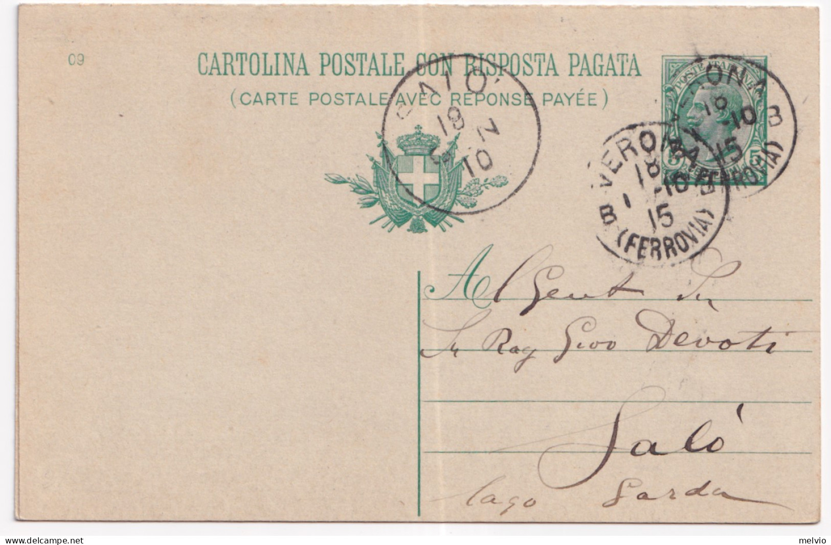1909-Cartolina Postale RP Leoni C.5+10 Mill. 09 Viaggiata Con Parte Risposta Uni - Entiers Postaux