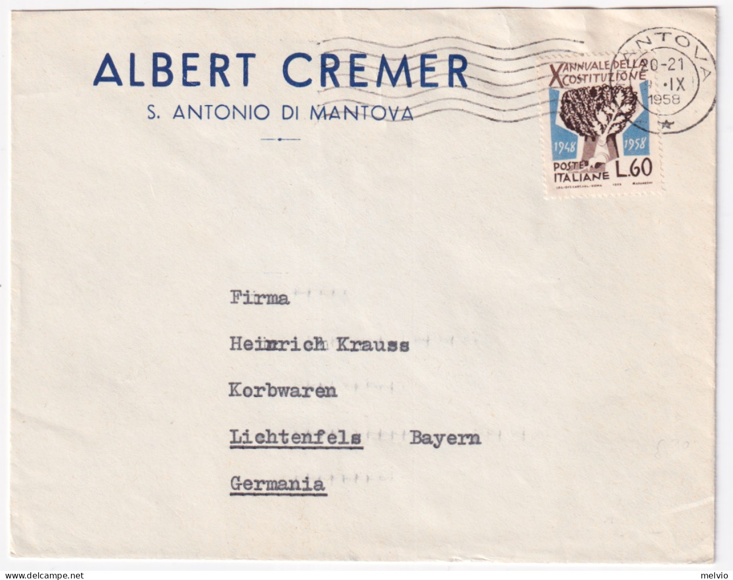 1958-X ANNIVERSARIO COSTITUZIONE Lire 60 (807) Isolato Su Busta Mantova (8.9) Pe - 1946-60: Marcophilie