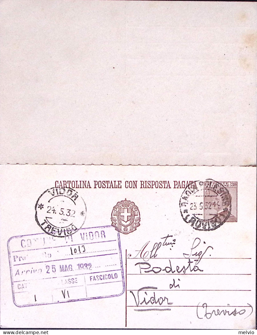 1929-Cartolina Postale RP Michetti C.30+30 Viaggiata Parte Risposta Unita Predis - Ganzsachen
