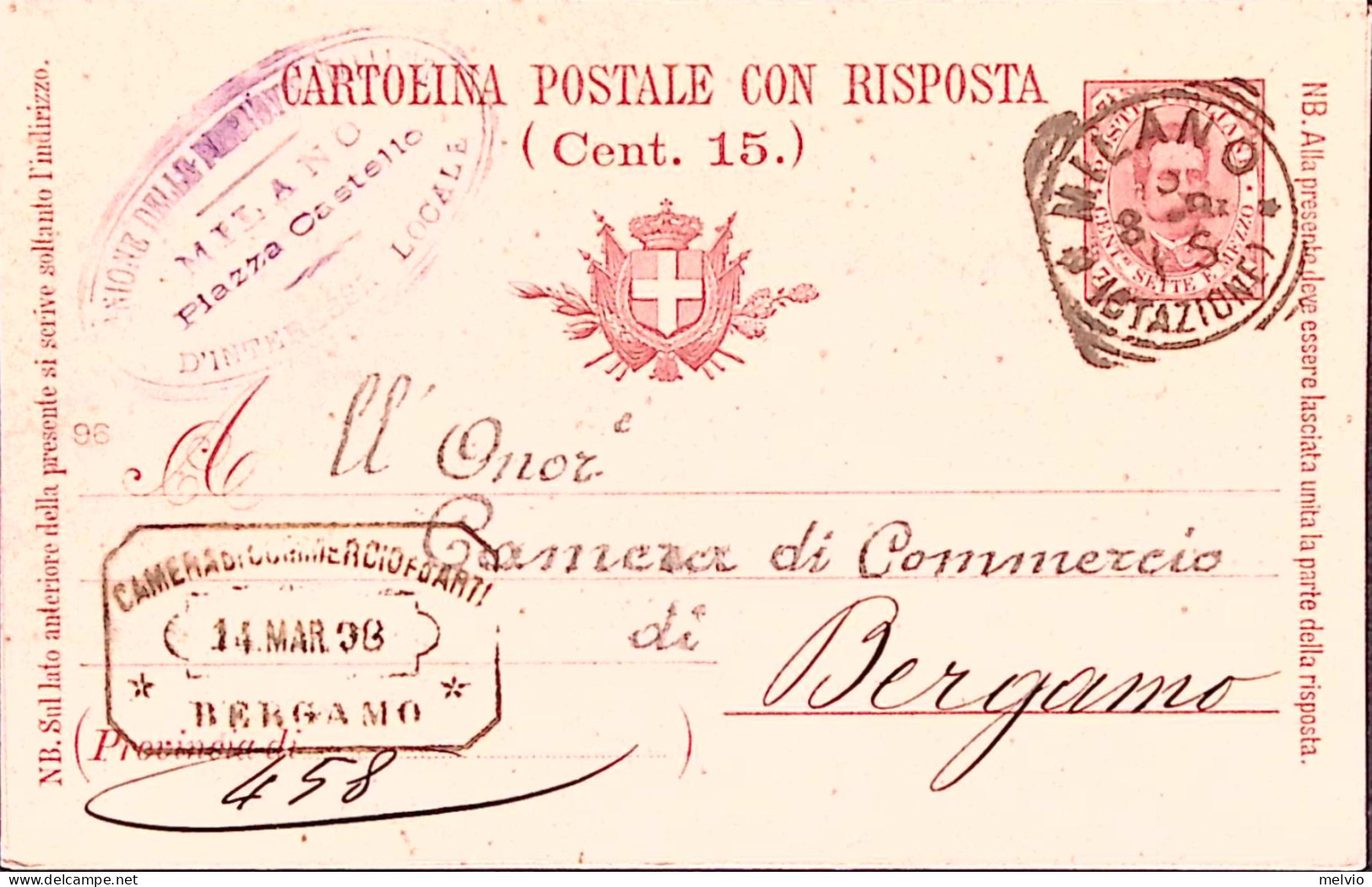 1896-Cartolina Postale RP Umberto C.7,1/2+7,1/2 Mill.96 Domanda Viaggiate Rispos - Interi Postali