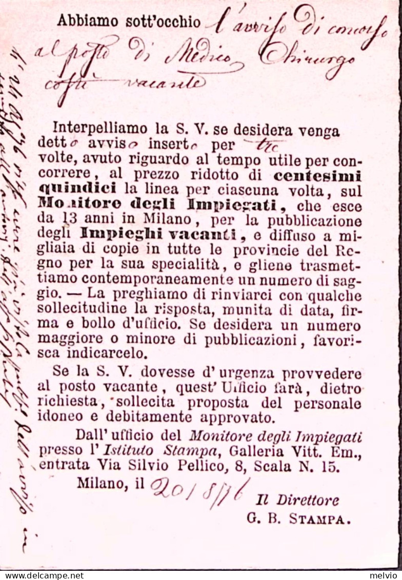 1876-Cartolina Postale C.10 Con Al Verso Circolare A Stampa Viaggiata Milano (20 - Ganzsachen