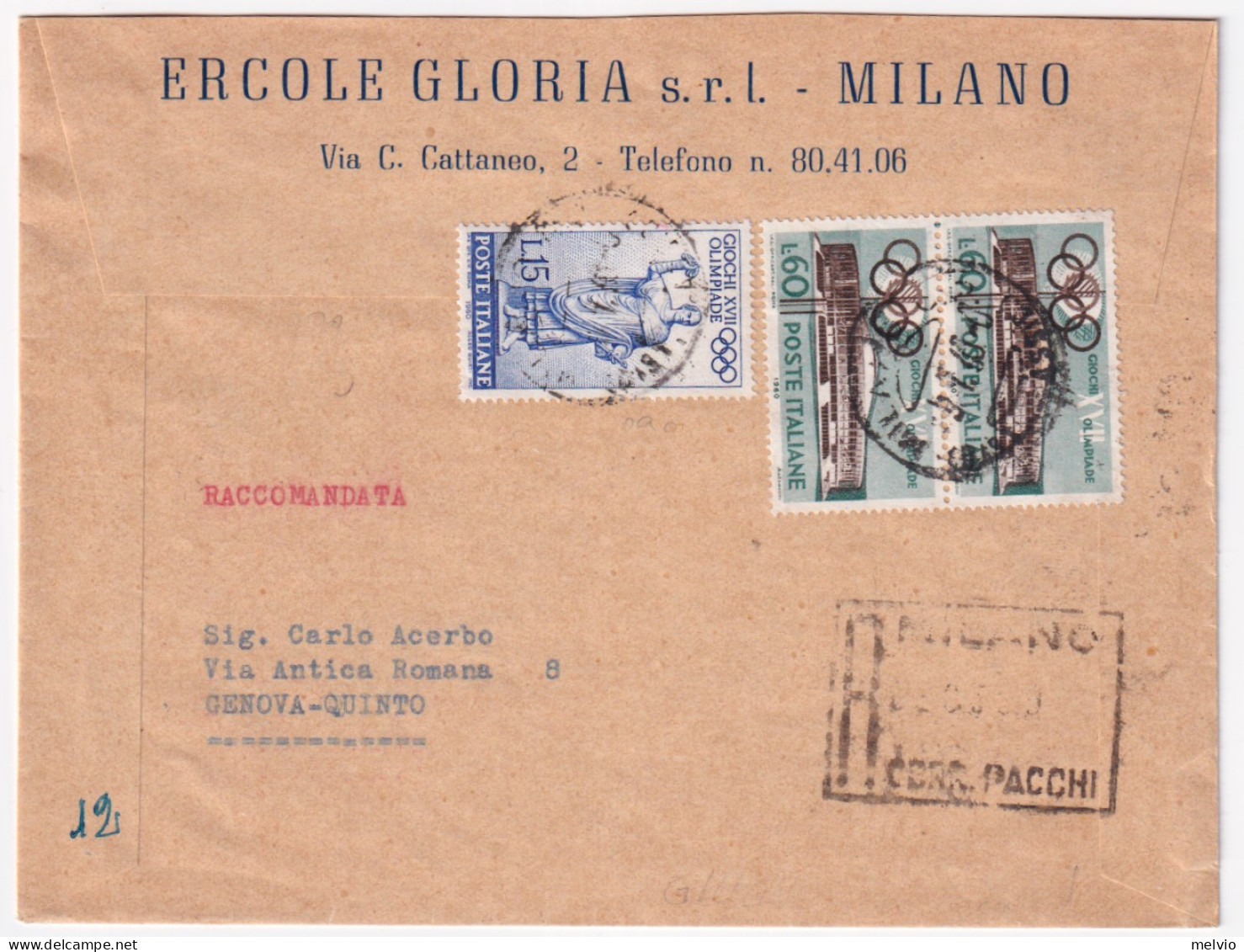 1960-OLIMPICA Lire 15 E Coppia Lire 60 (887+890) Su Raccomandata Milano (4.7) - 1946-60: Marcophilie