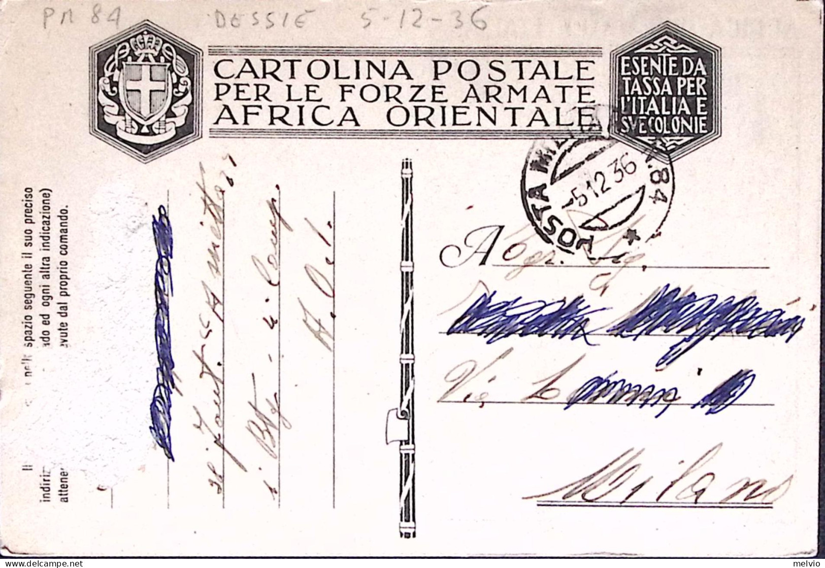 1935-Cartolina Franchigia Per AO Carta Africa Orientale Italiana PM. 88 Viaggiat - Africa Orientale Italiana