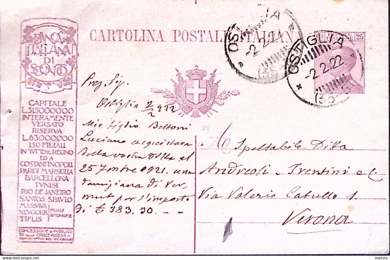 1922-Cartolina Postale C.25 Con Tassello Pubblicitario Banca Italiana Sconto, Vi - Interi Postali