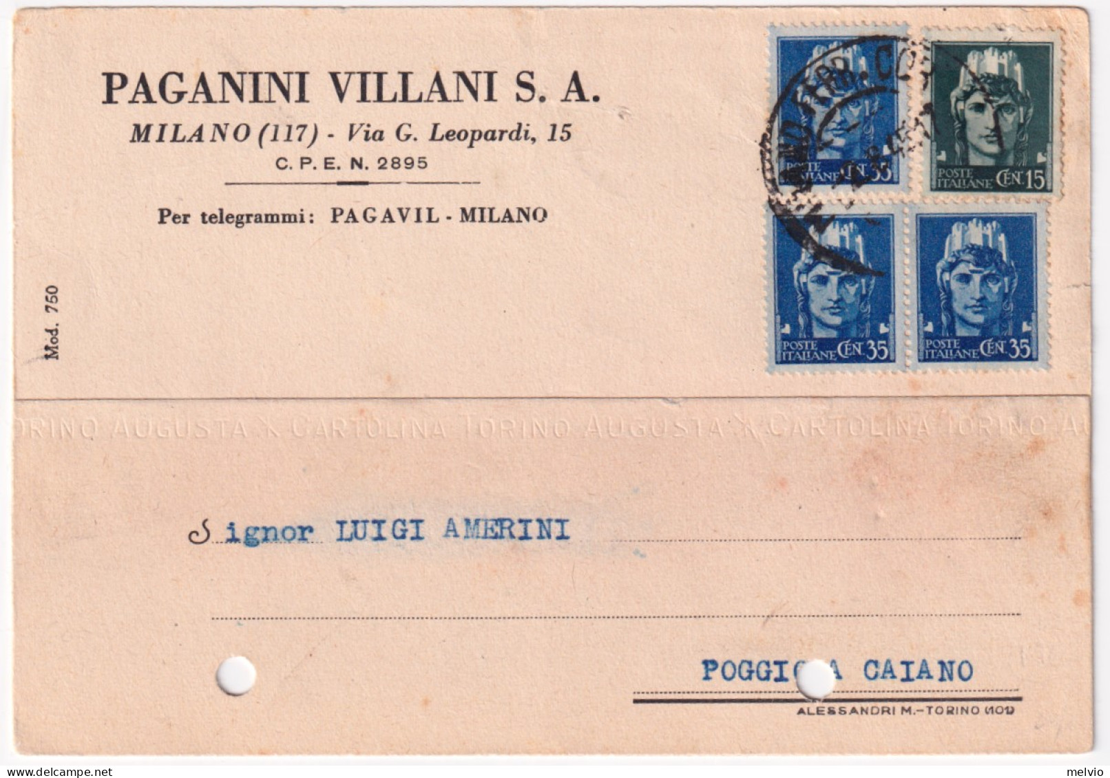 1945-Imperiale Senza Fasci C.15 E Tre C.35 (526/7) Su Cartolina Fori Archivio - Marcofilía