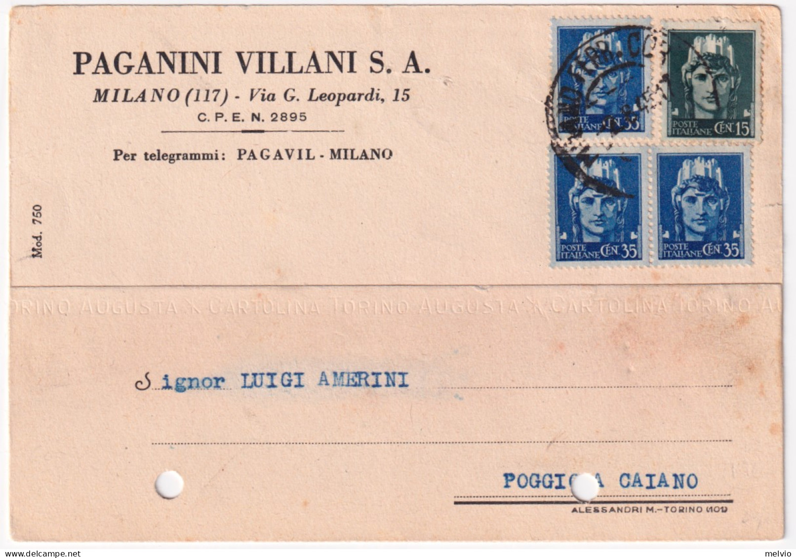 1945-Imperiale Senza Fasci C.15 E Tre C.35 (526/7) Su Cartolina Fori Archivio - Poststempel