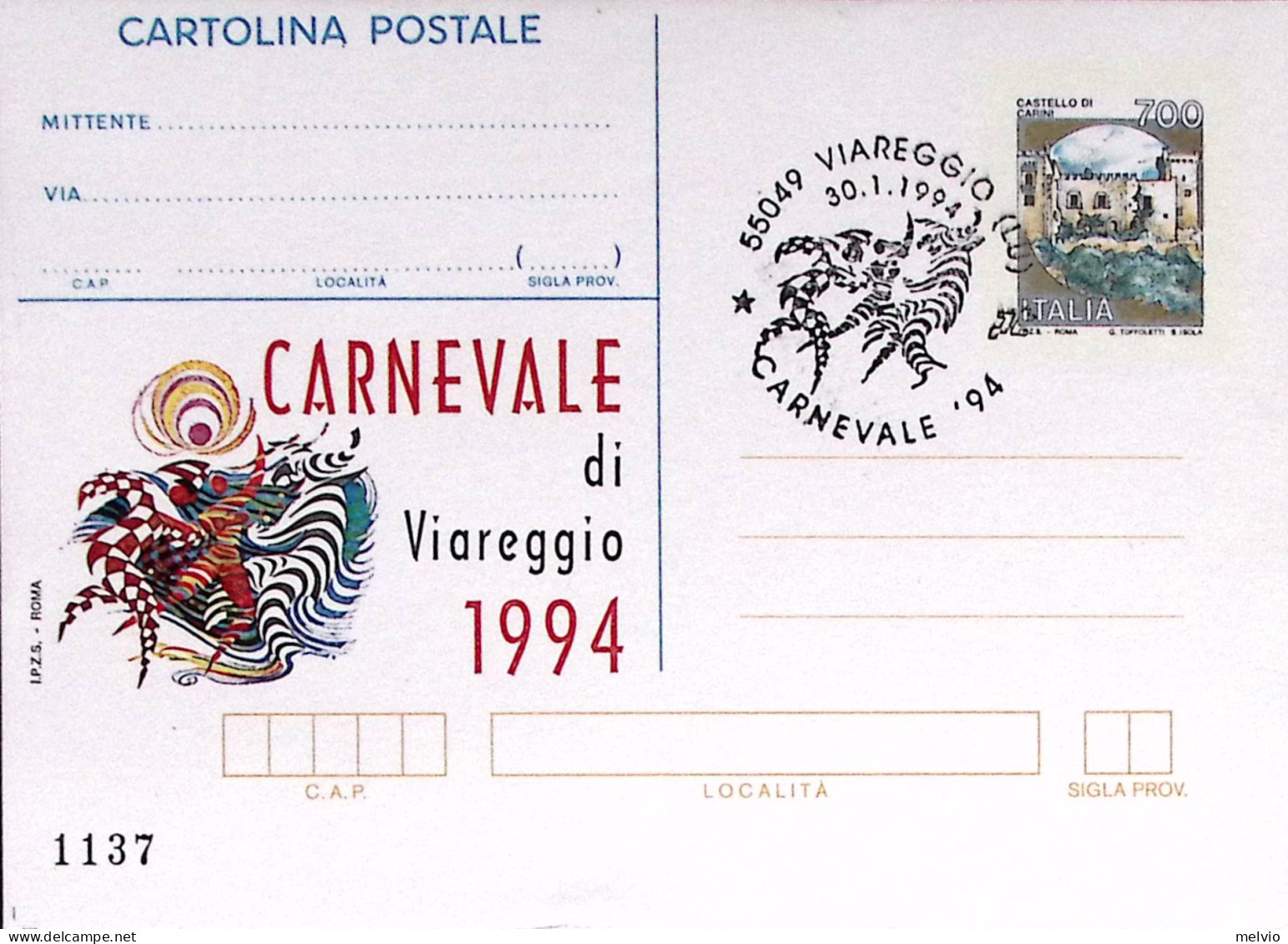 1994-Carnevale Di Viareggio Cartolina Postale Lire 750 Sopra.IPZS Con Annullo Sp - Interi Postali