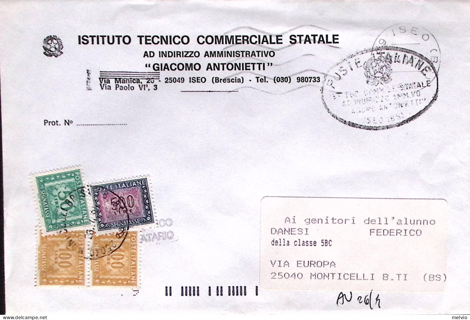 1994-Segnatasse Lire 50, 500 E Coppia 100 Su Busta, Tassa A Carico Del Destinata - 1991-00: Storia Postale