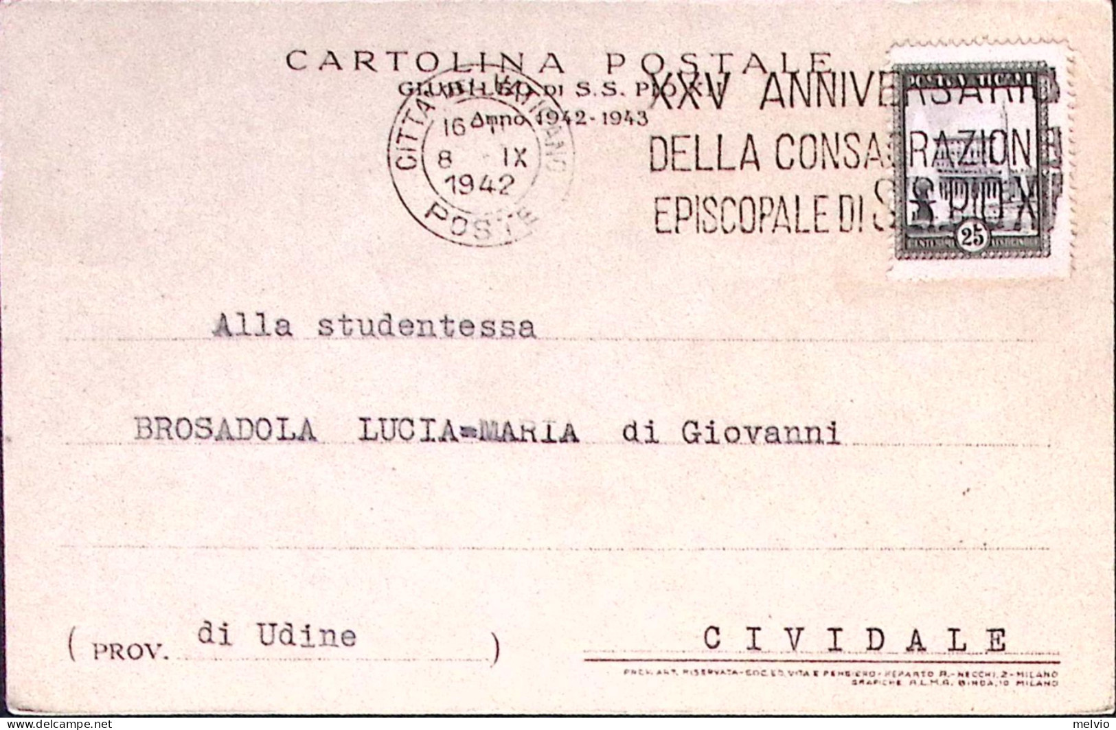 1942-VATICANO XXV Anniversario Consacrazione S.Pio X, Annullo Meccanico (8.9) Su - Sonstige & Ohne Zuordnung