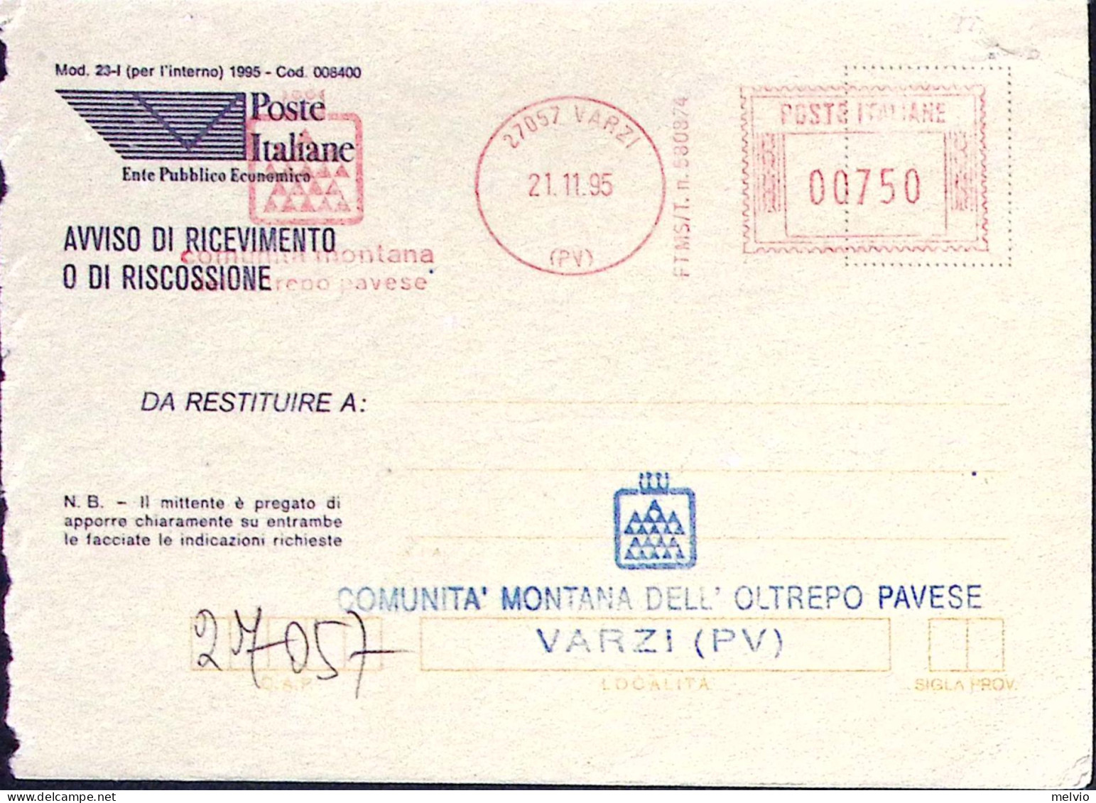 1995-VARZI Comunità Montana Lire 750 Annullo Meccanico (rosso) Su Avviso Ricevim - 1991-00: Storia Postale