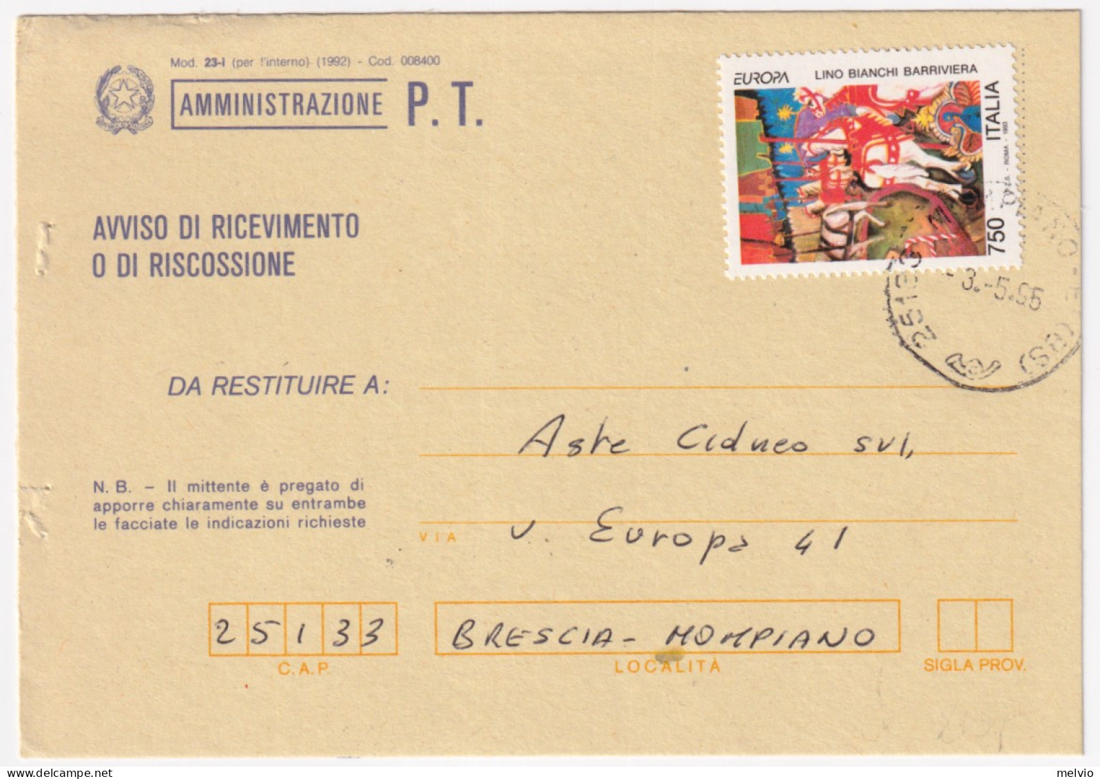 1995-EUROPA1993 Lire 750 (2059) Isolato Su Avviso Ricevimento - 1991-00: Storia Postale