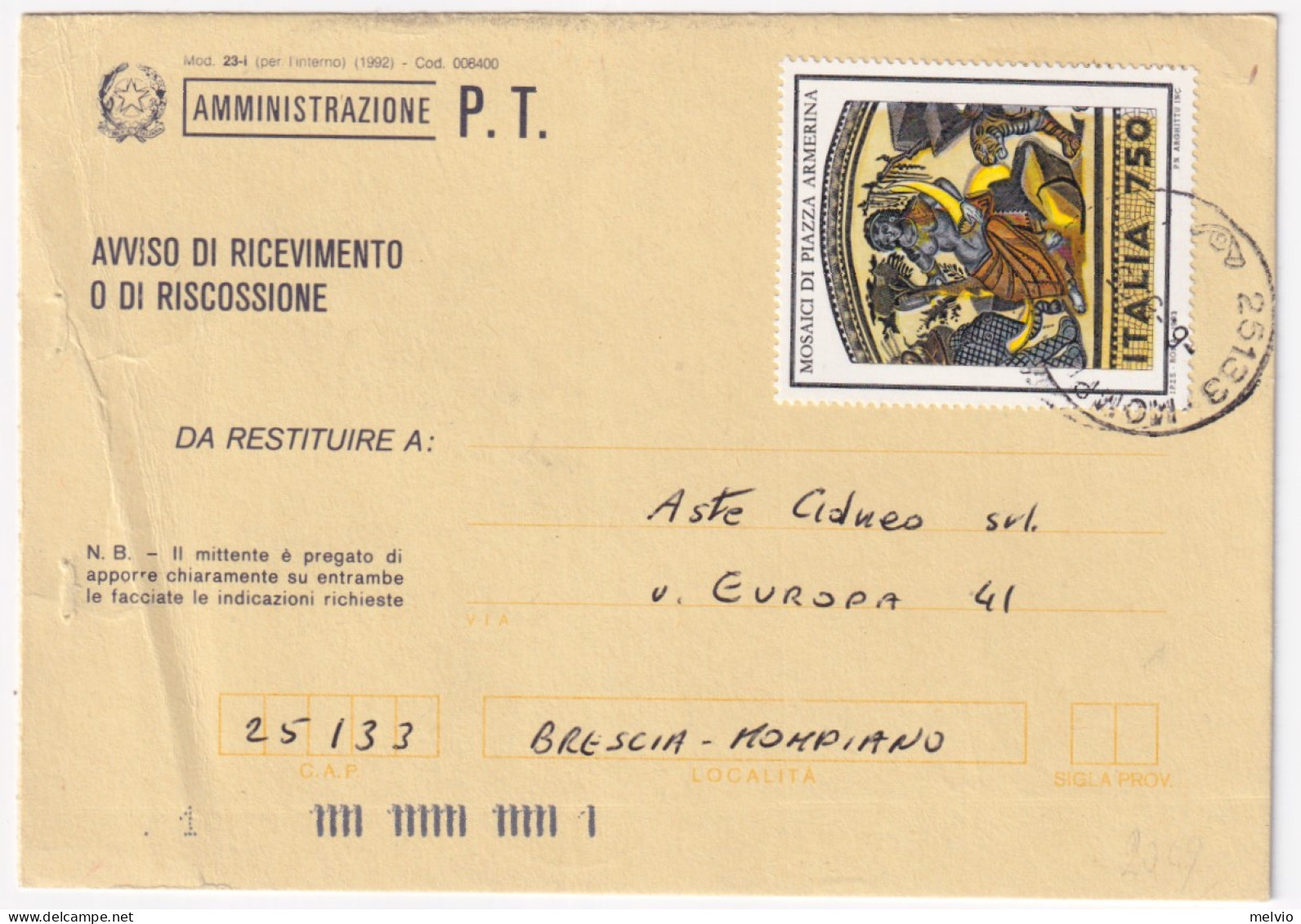 1995-PATRIMONIO ARTISTISTICO Mosaici Piazza Armerina (2049) Isolato Su Avviso Ri - 1991-00: Storia Postale
