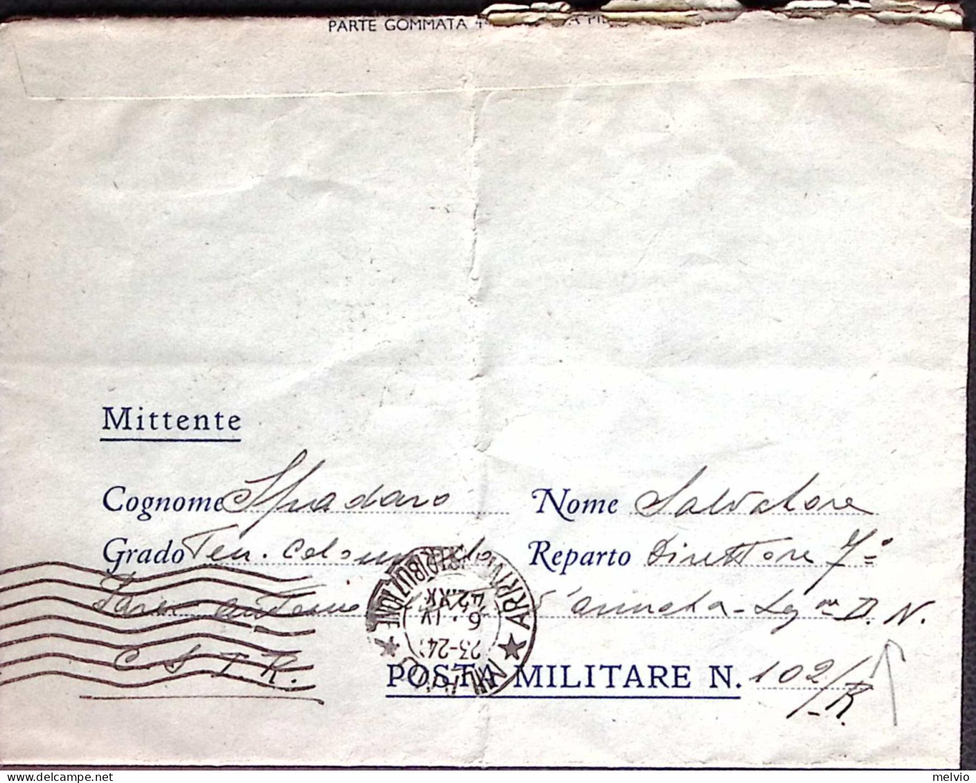 1942-Posta Militare/n.102 C.2 (21.3) Su Biglietto Franchigia, Piega Centrale - Weltkrieg 1939-45