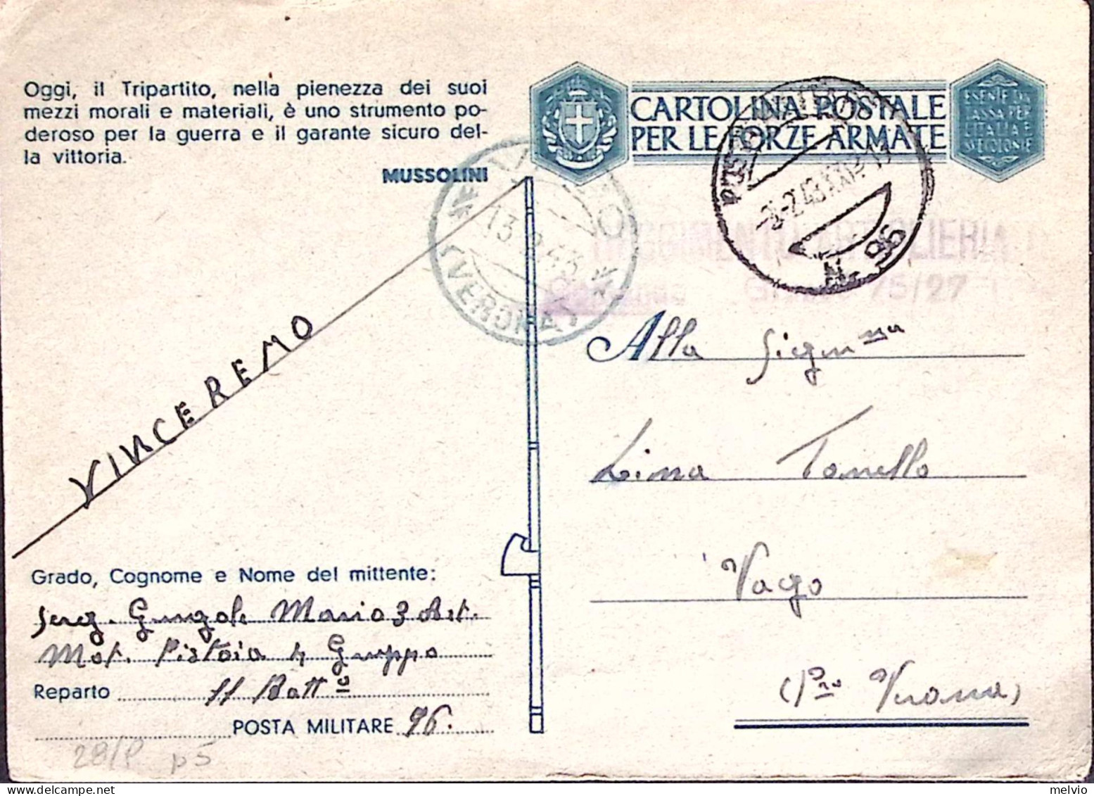 1943-Posta Militare/n.96C.2 (3.2) Su Cartolina Franchigia - Weltkrieg 1939-45