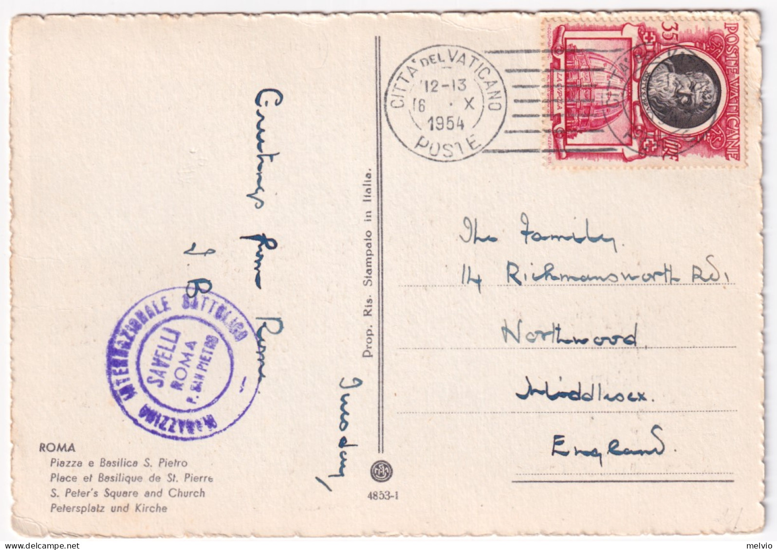 1954-VATICANO Papi Lire 35 (164) Isolato Su Cartolina (16.10) Per La Gran Bretag - Sonstige & Ohne Zuordnung