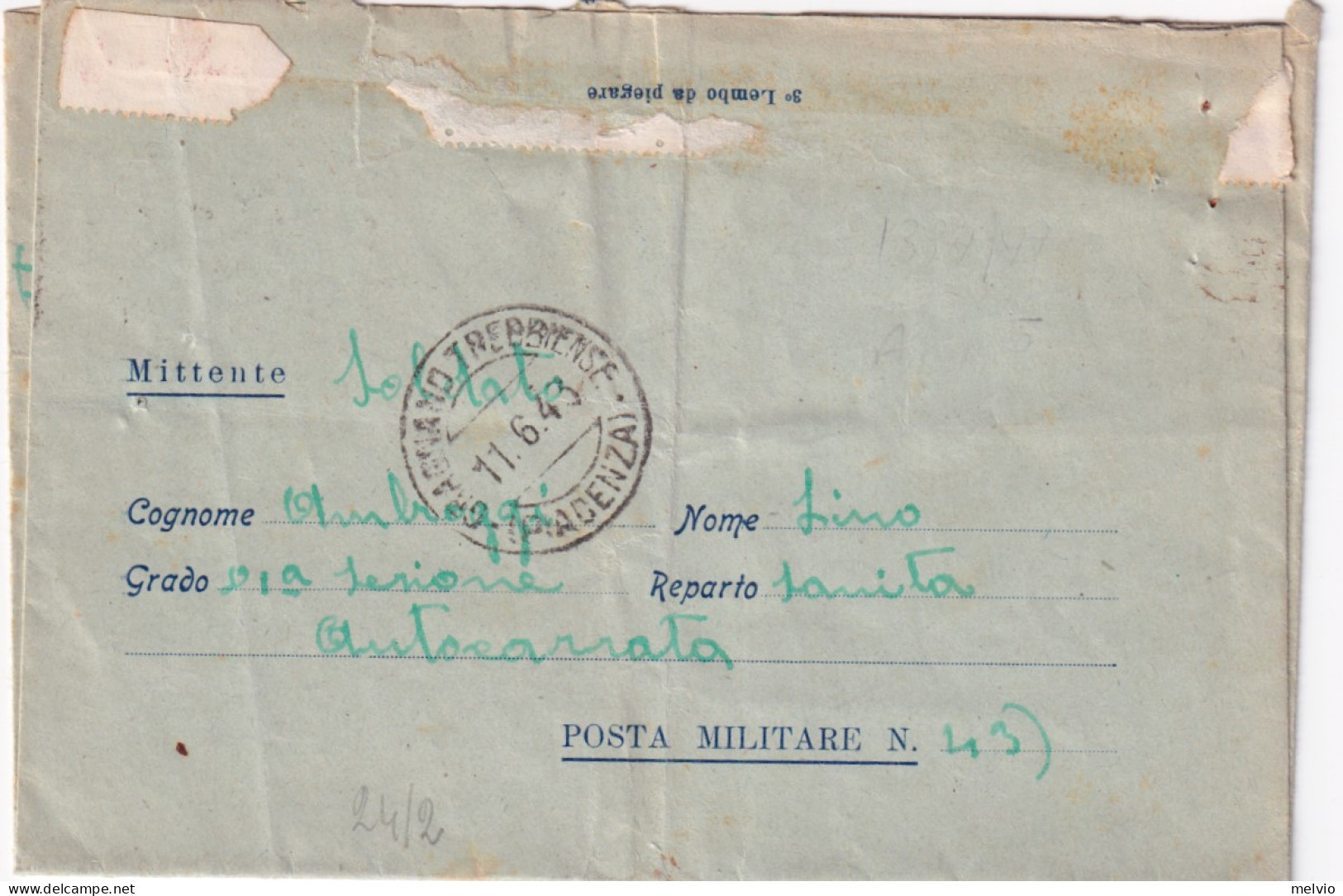 1943-UFFICIO POSTALE MILITARE N. 43 C.2 (8.6) Su Biglietto Franchigia - Marcophilia