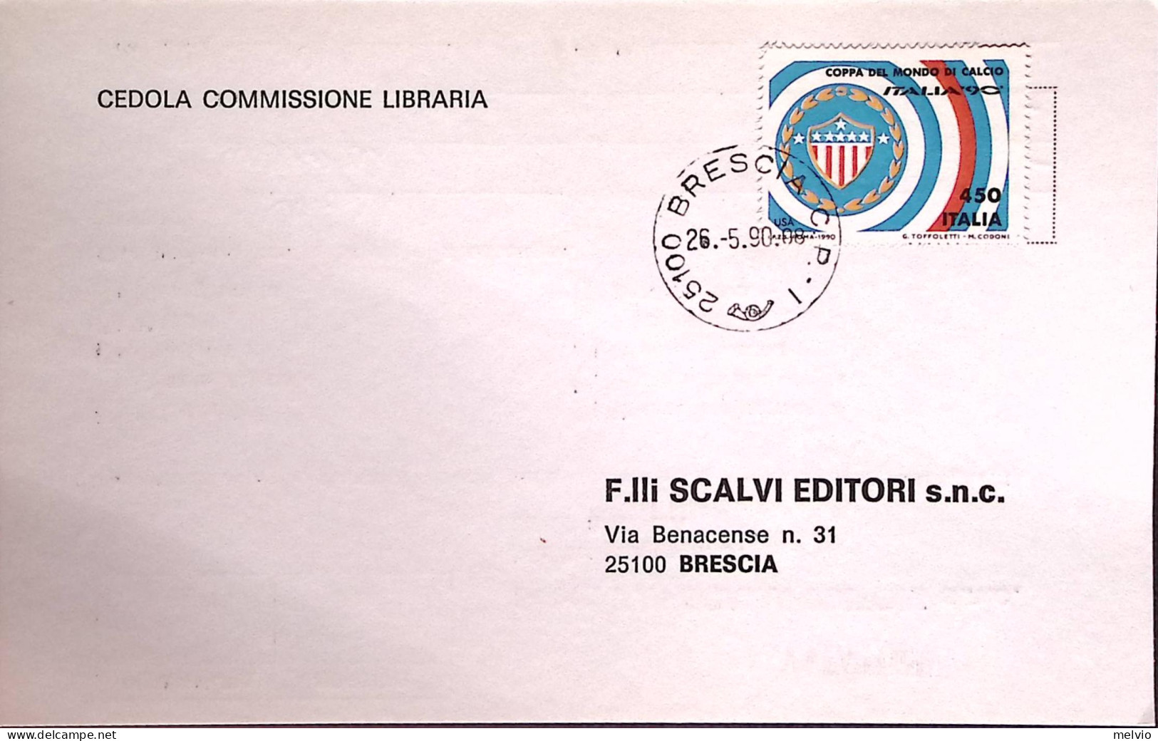 1990-MONDIALI CALCIO Lire 450 U.S.A. Isolato Su Cedola Commissione Libraria - 1981-90: Marcophilia