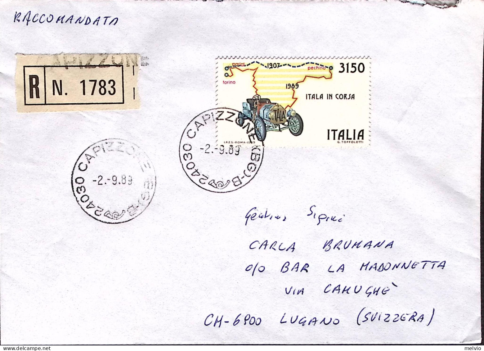 1989-ITALA IN CORSA Lire 3150 Isolato Su Raccomandata Capizzone (2.9) Per La Svi - 1981-90: Marcofilie