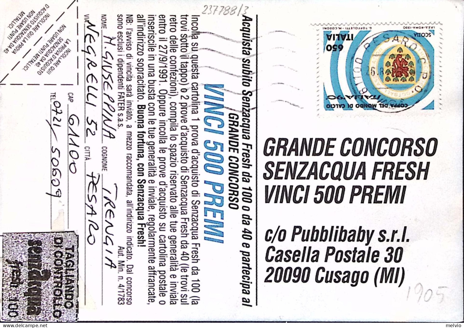 1990-MONDIALI CALCIO Lire 650 SCOZIA Isolato Su Cartolina Concorso - 1981-90: Marcophilie