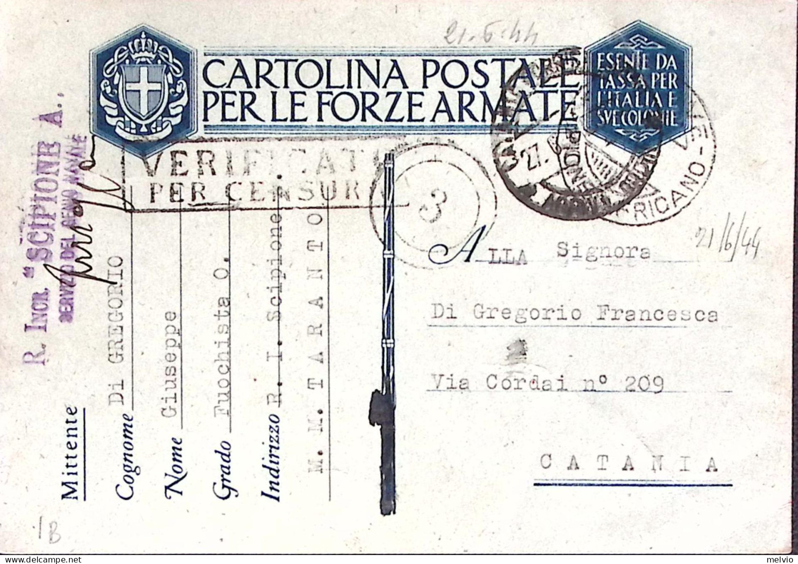 1944-R.NAVE SCIPIONE A. Lineare E Dattiloscritto Su Cartolina Franchigia - War 1939-45