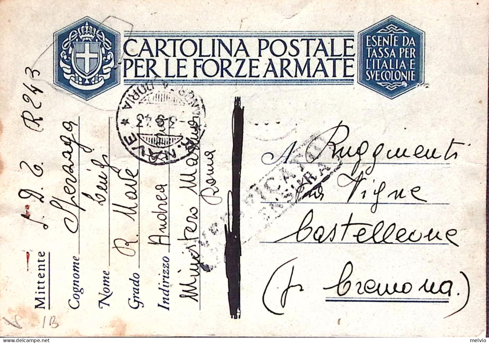 1943-R.NAVE ANDREA DORIA C.2 (3.9) Su Cartolina Franchigia Fori Spillo - War 1939-45
