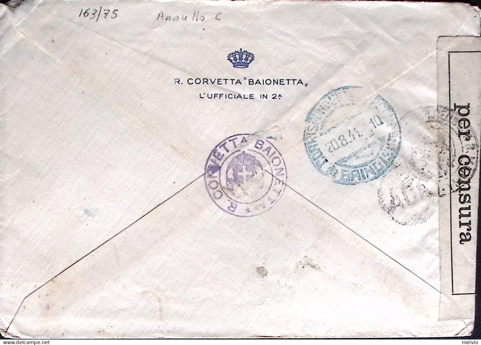 1944-R.CORVETTA BAIONETTA C.2 (20.8) Su Busta Con Intestazione A Stampa Al Verso - War 1939-45